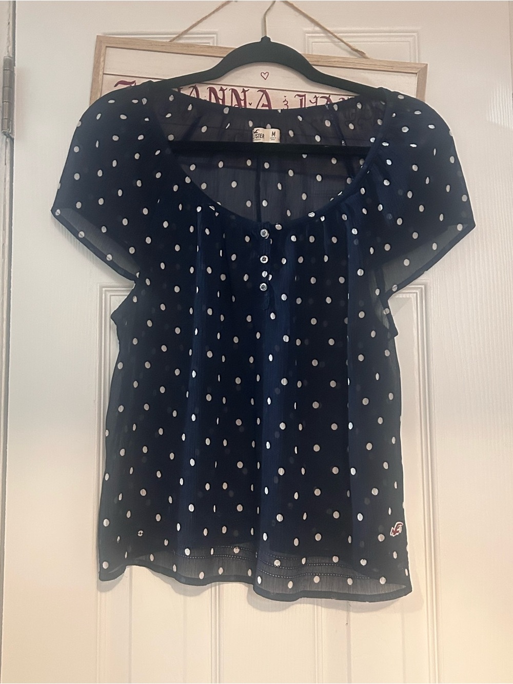 Hollister Navy Blue Polka Dot Short Sleeve Blouse
